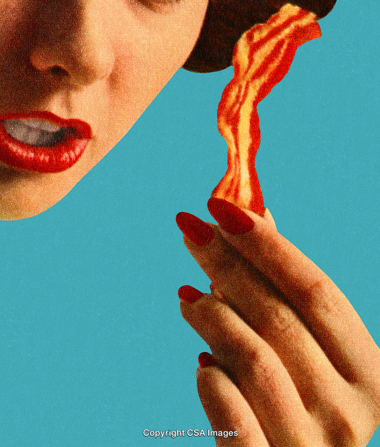 Close-Up of Woman Holding Bacon with Vibrant Retro Style