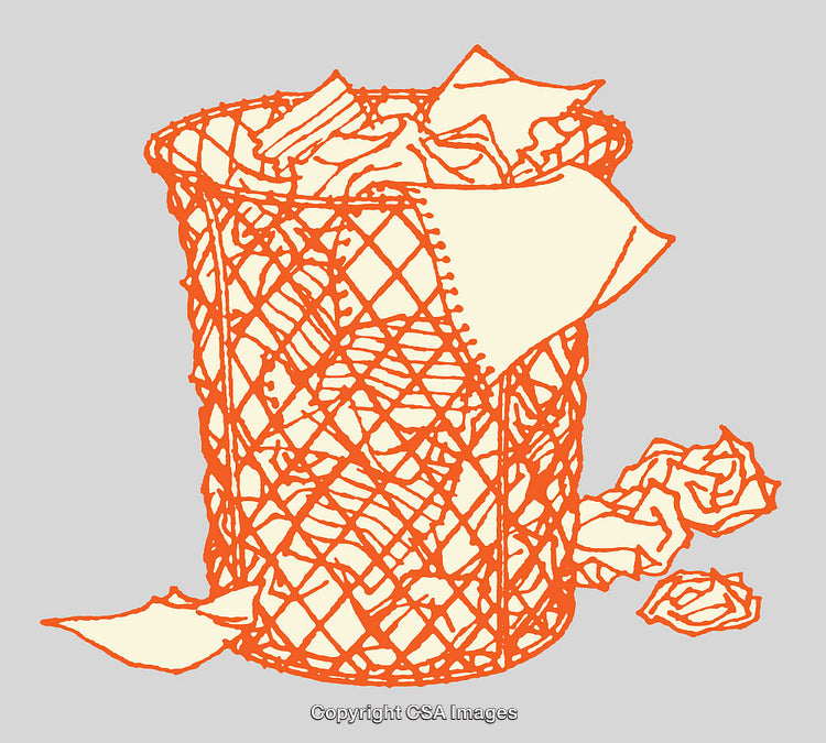 Orange Line Artwork of a Wastepaper Basket with Paper Scraps