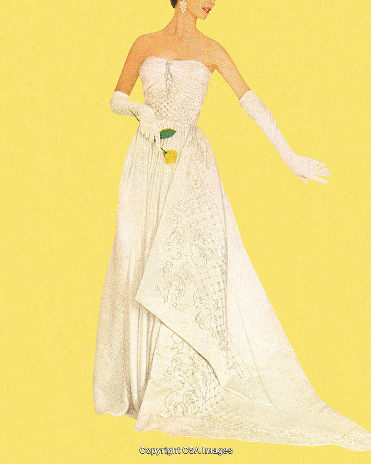 Elegant Woman in Vintage Gown Holding Yellow Rose on Yellow Background