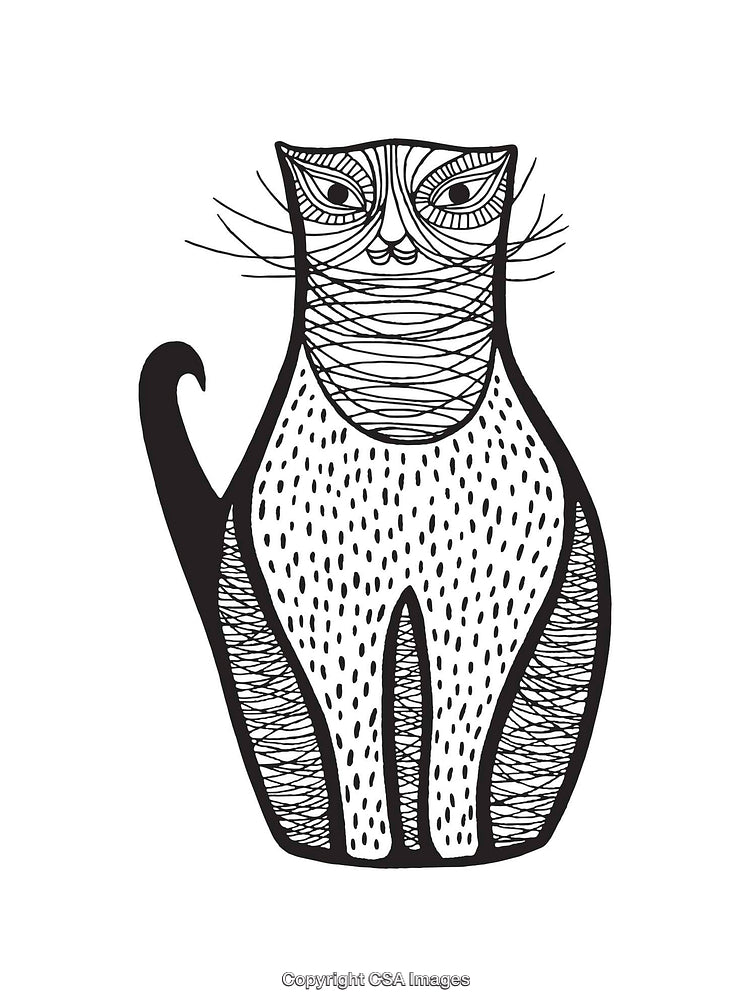 Black and White Line Art Illustration of a Stylized Cat