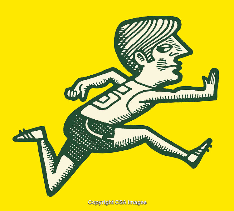Dynamic Cartoon Runner with Vibrant Yellow Background Emphasizing Energy and Motion