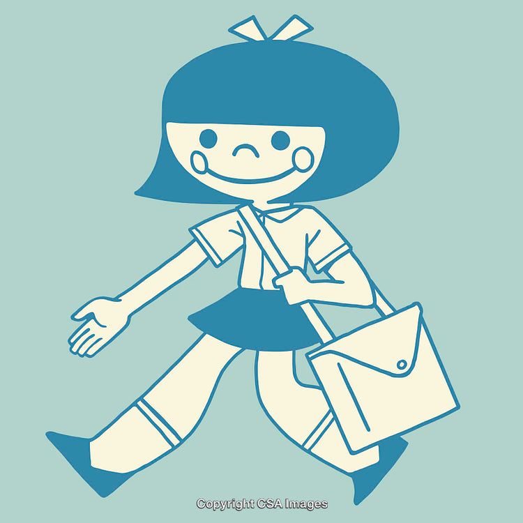 Cheerful Schoolgirl Character in Simple Blue and Cream Color Line Art Style
