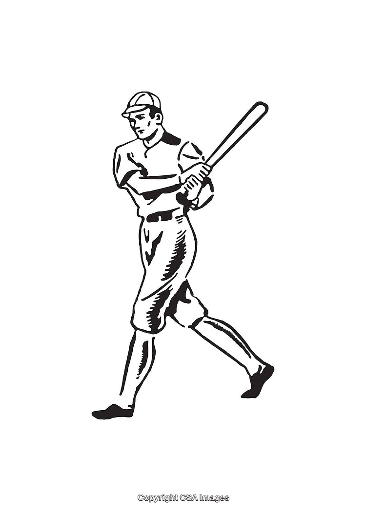 Black and White Line Art of a Baseball Player Swinging a Bat
