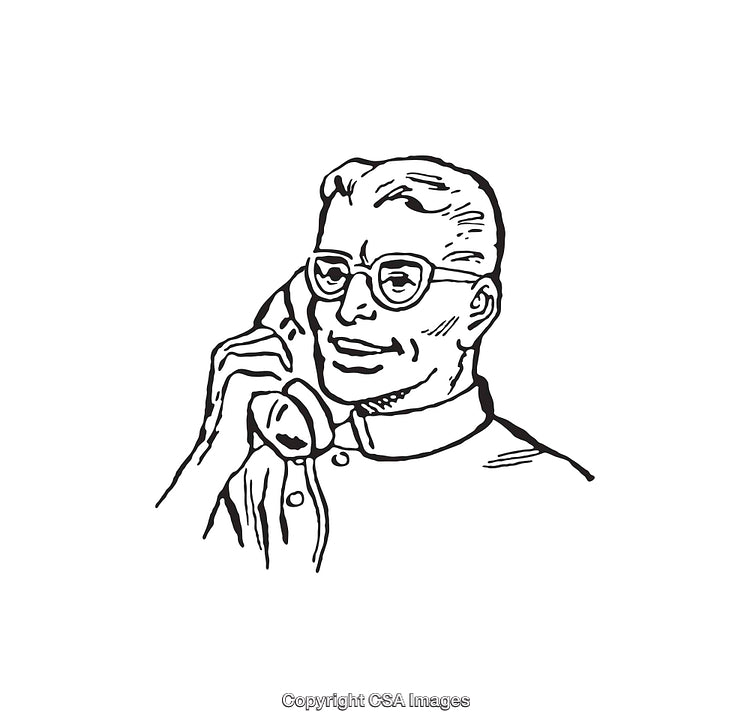 Vintage Line Art Illustration of a Man Talking on a Telephone
