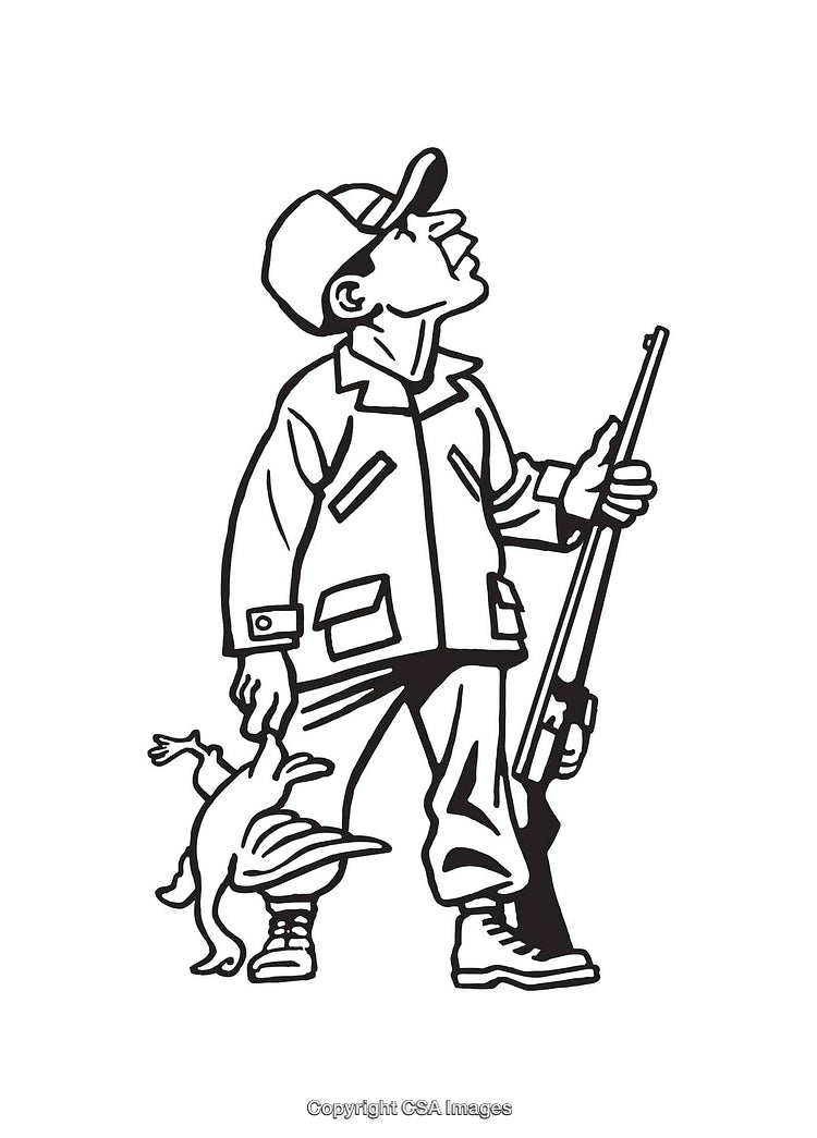 Black and White Line Art of a Hunter With Rifle and Game