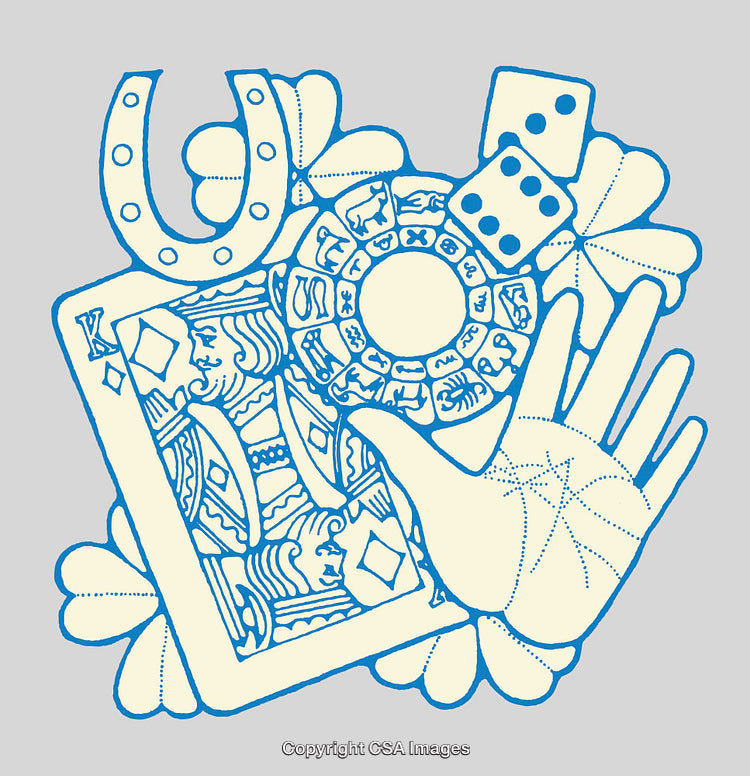 Blue and Beige Artwork of Luck and Fortune Symbols