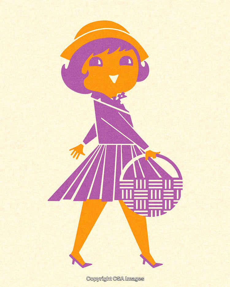 Retro-Styled Illustration of a Girl Holding a Basket in Vibrant Colors