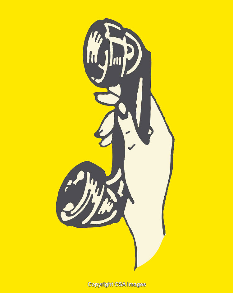 Retro Hand Illustration Featuring Telephone Receiver on Bright Yellow Background