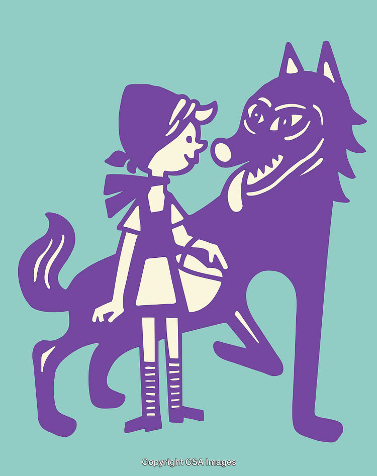 Purple Line Art Illustration of Girl and Wolf Interaction on Aqua Background