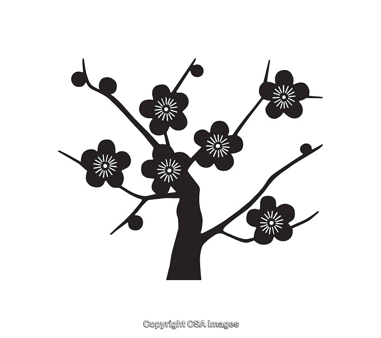 Black and White Illustration of a Tree Branch with Flowers