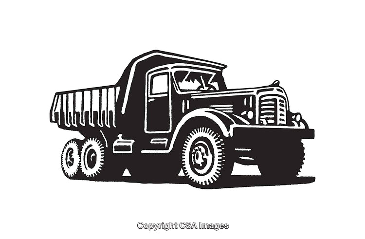 Black and White Line Art Illustration of a Dump Truck