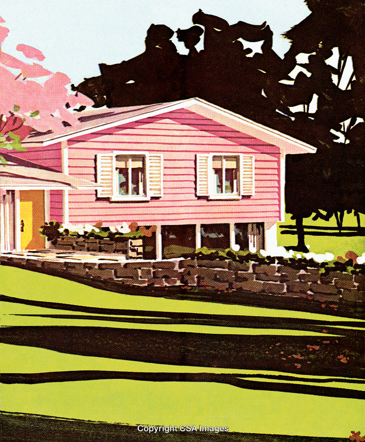 Stylized Pink Suburban Home Surrounded by Lush Greenery in Sunlight