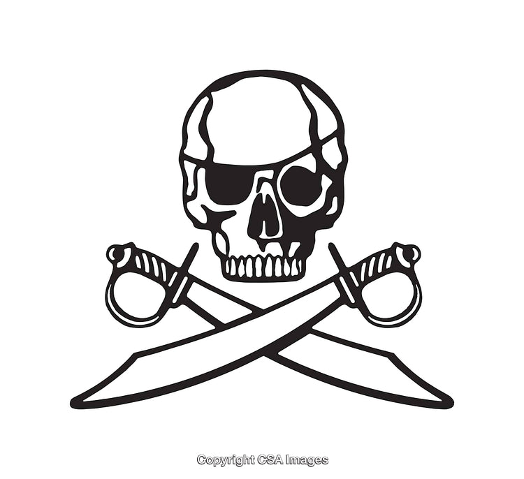 Pirate Skull and Crossed Swords in Black and White Line Art
