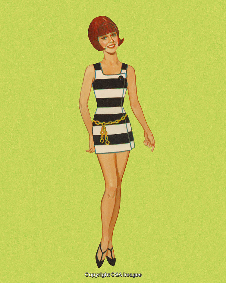 Illustrated Retro Woman in Striped Dress on Vibrant Lime Background