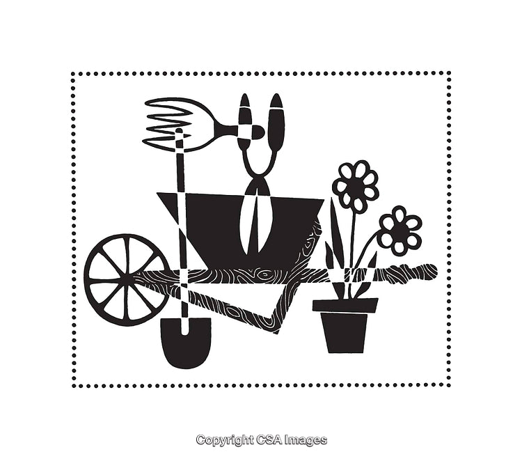 Black And White Artistic Illustration of Gardening Tools and Potted Flowers