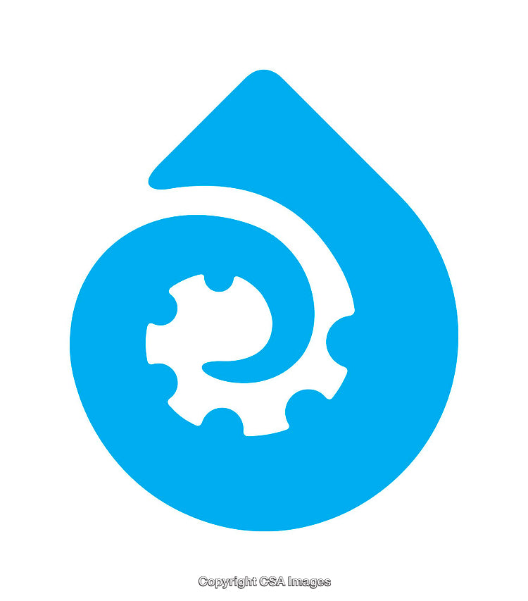 Blue Gear Symbol Inside a Droplet-Shaped Design on White Background