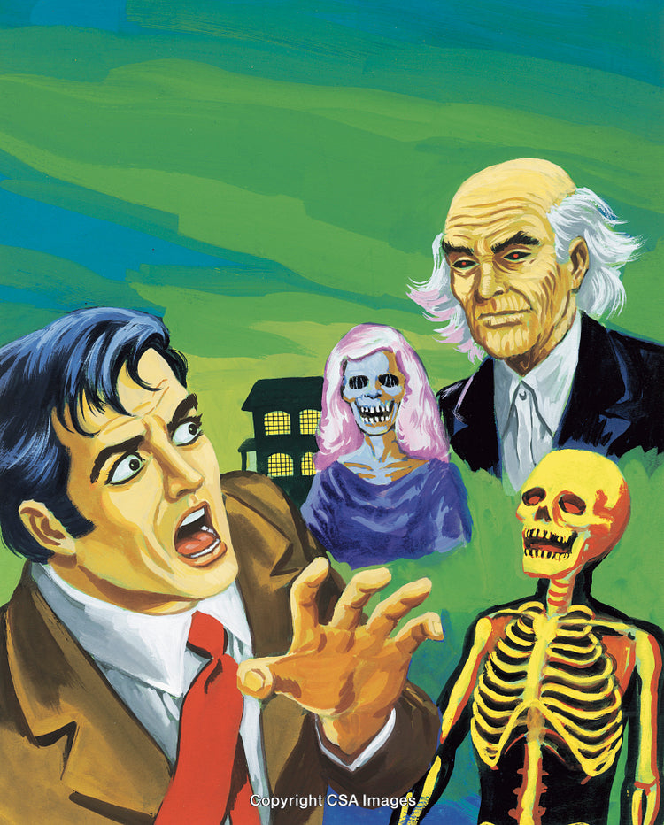 Retro Illustrated Scene of a Man Confronting Spooky Skeleton Figures
