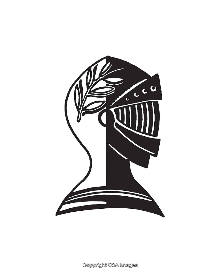 Black And White Line Art of a Knight's Helmet with Olive Branch