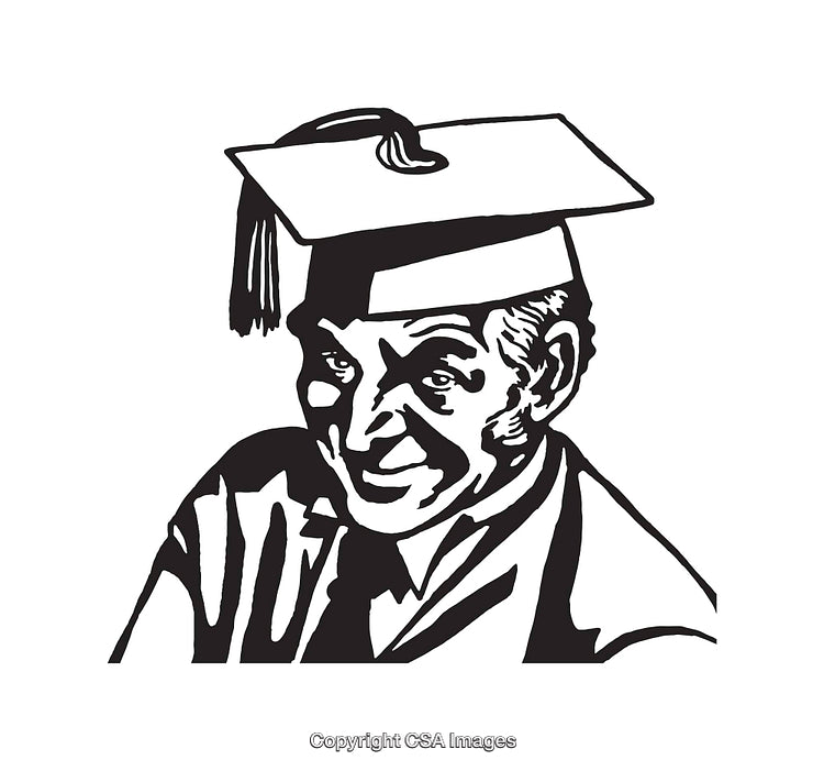 Black and White Line Art of Graduate in Academic Regalia