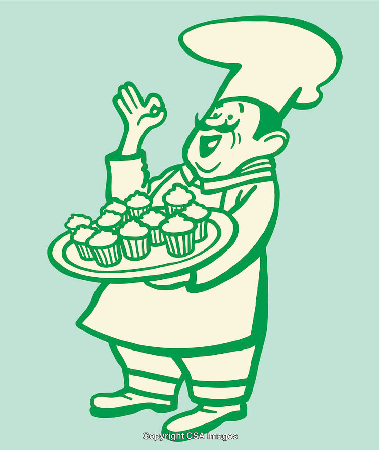 Whimsical Illustration of a Cheerful Chef Holding a Tray of Delicious Cupcakes