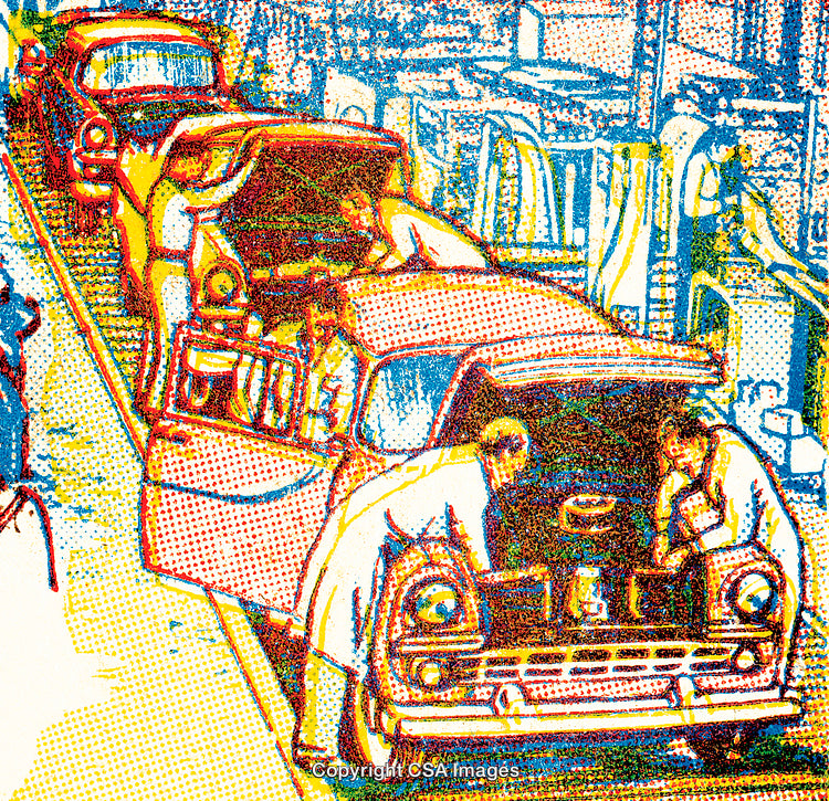 Retro Illustration of Assembly Line with Classic Cars Under Production