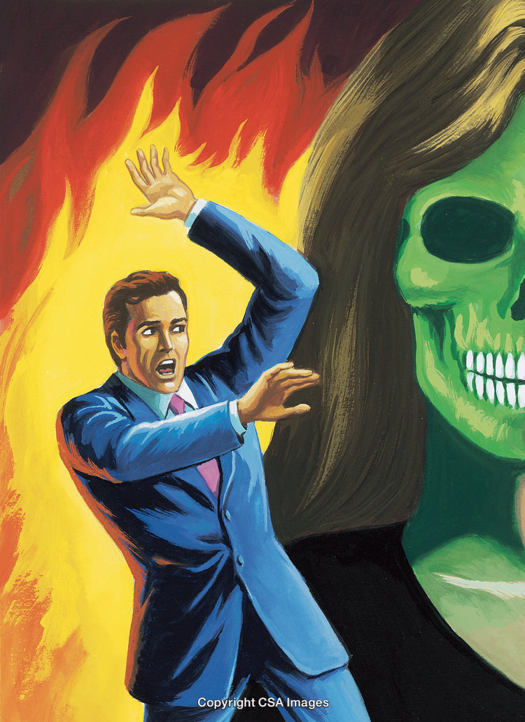 Terrified Man in Suit Faces Green Skull In Fiery Background Scene