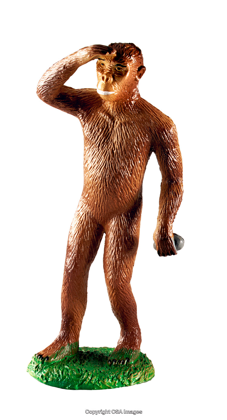 Plastic Figurine of a Standing Ape Holding a Rock on Grass Base