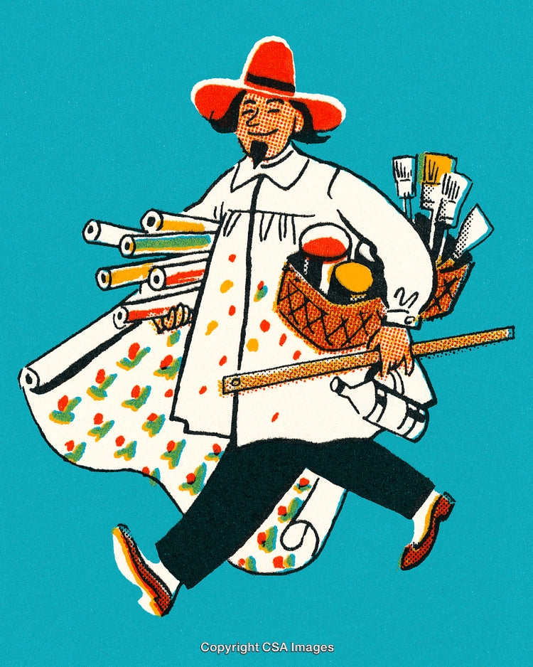 Colorful Illustration of an Artist in Motion Carrying Supplies