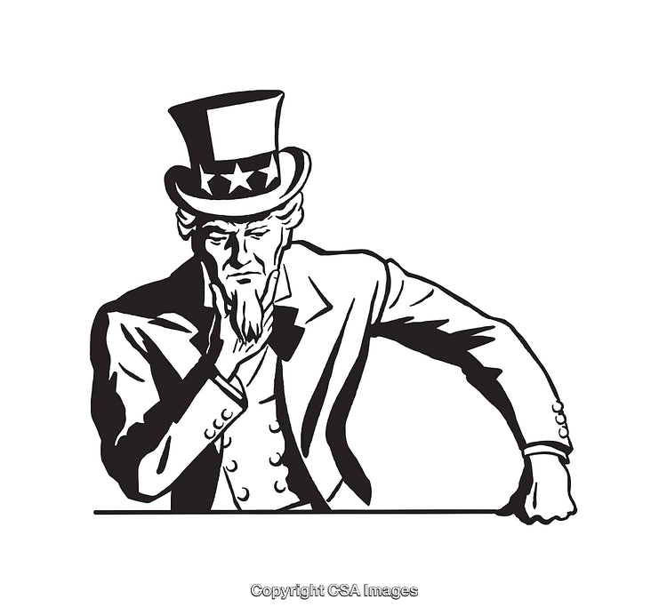 Classic Black and White Line Art of a Thoughtful Patriotic Figure