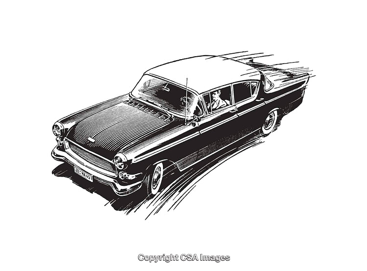 Vintage Car in Motion Depicted in Black and White Line Art Style
