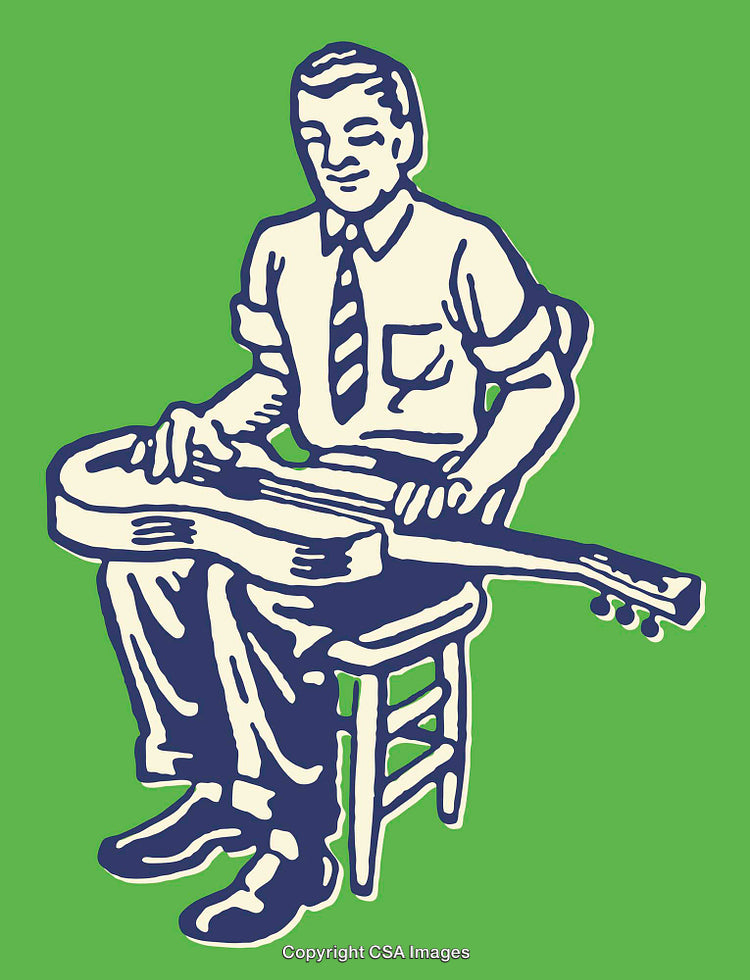 Retro Style Guitar Player Sitting on Stool Playing Music