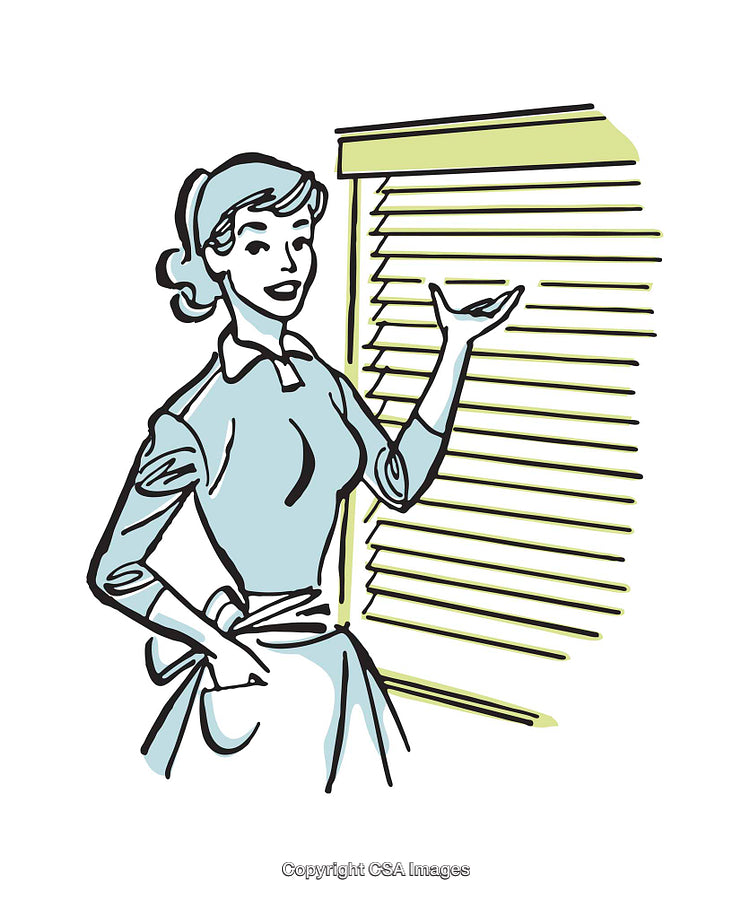 Retro Style Illustration of a Housewife Adjusting Window Blinds