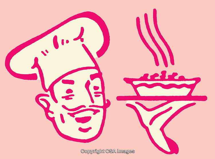 Illustration of a Chef Holding a Steaming Pie in Vibrant Line Art