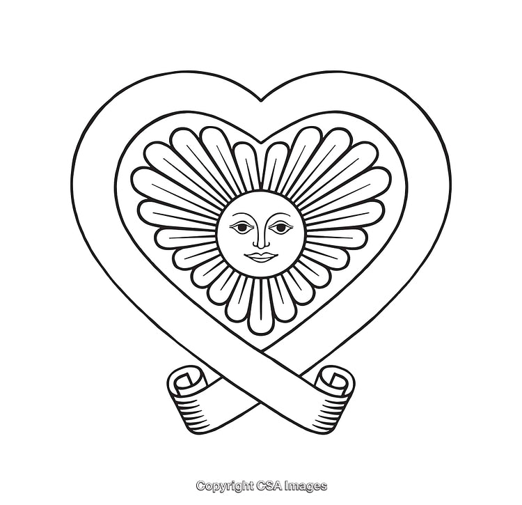 Black and White Sun Face Heart Illustration with Scrolls Art Design