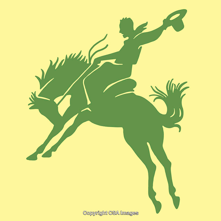 Silhouette of Rodeo Cowboy Riding a Bucking Horse in Green and Yellow Tones