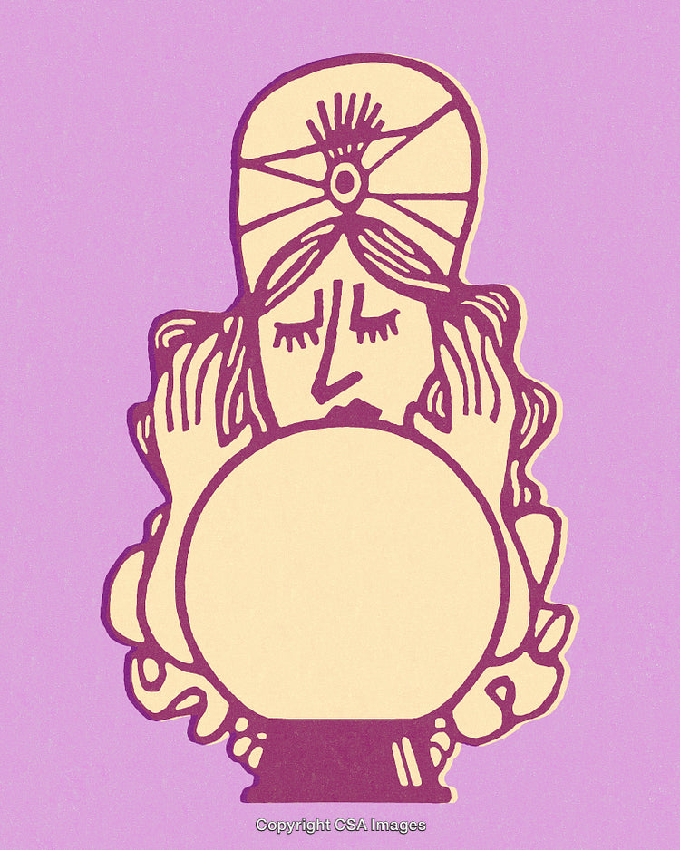 Fortune Teller Illustration Featuring Crystal Ball and Mystical Elements in Purple Hues