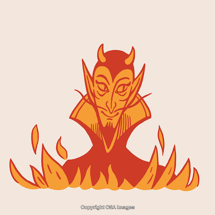 Artistic Illustration of Devil Character Surrounded by Flames in Red Tones