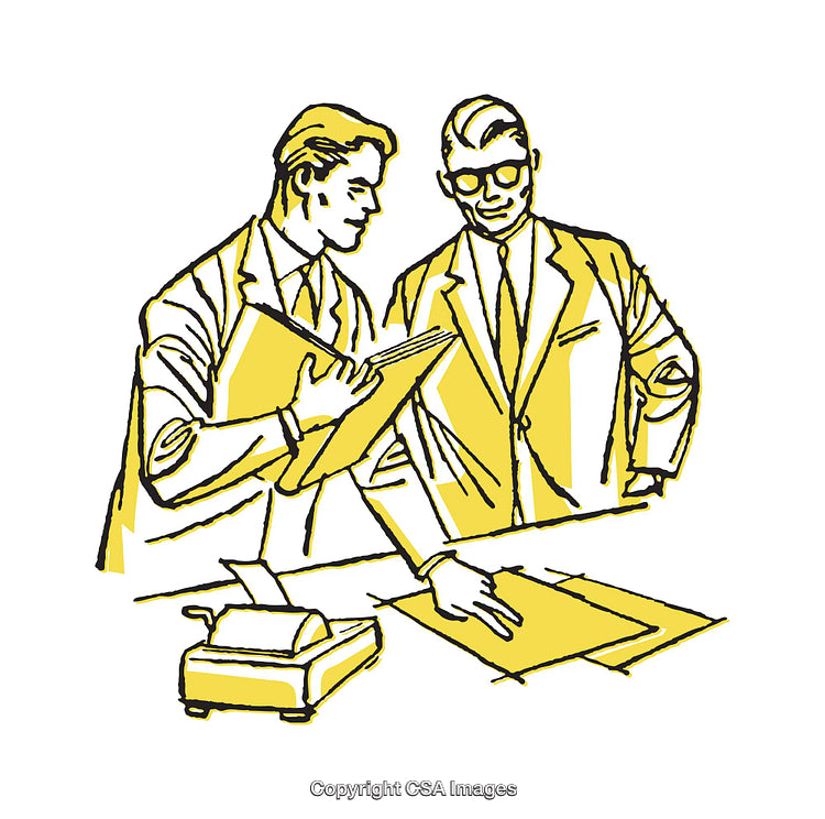 Two Professionals Collaborating on a Business Project in a Retro Style Illustration