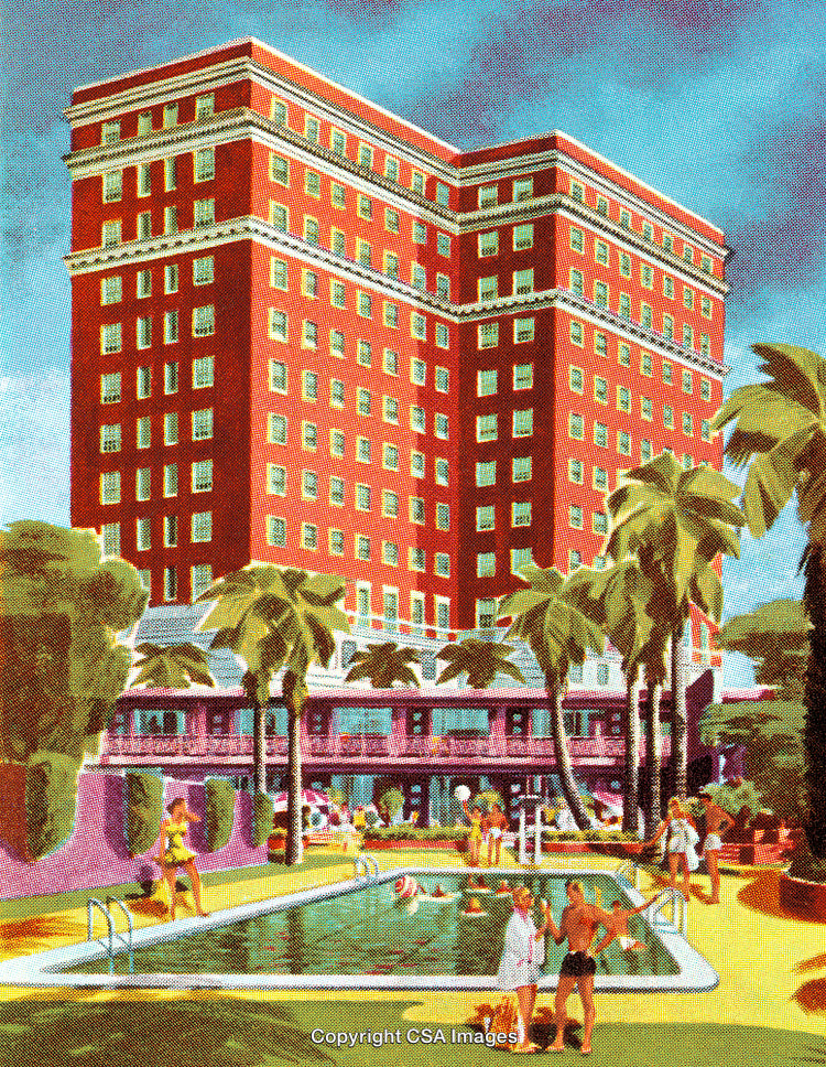 Retro Illustration of Hotel with Guests by the Poolside Under Palm Trees