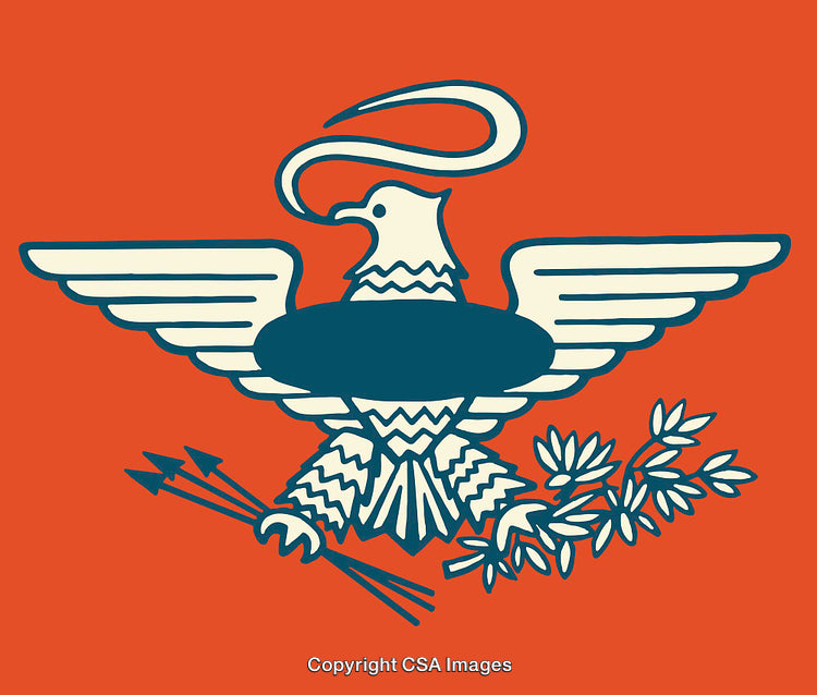 Eagle Illustration with Arrows and Olive Branch in Bold Line Art