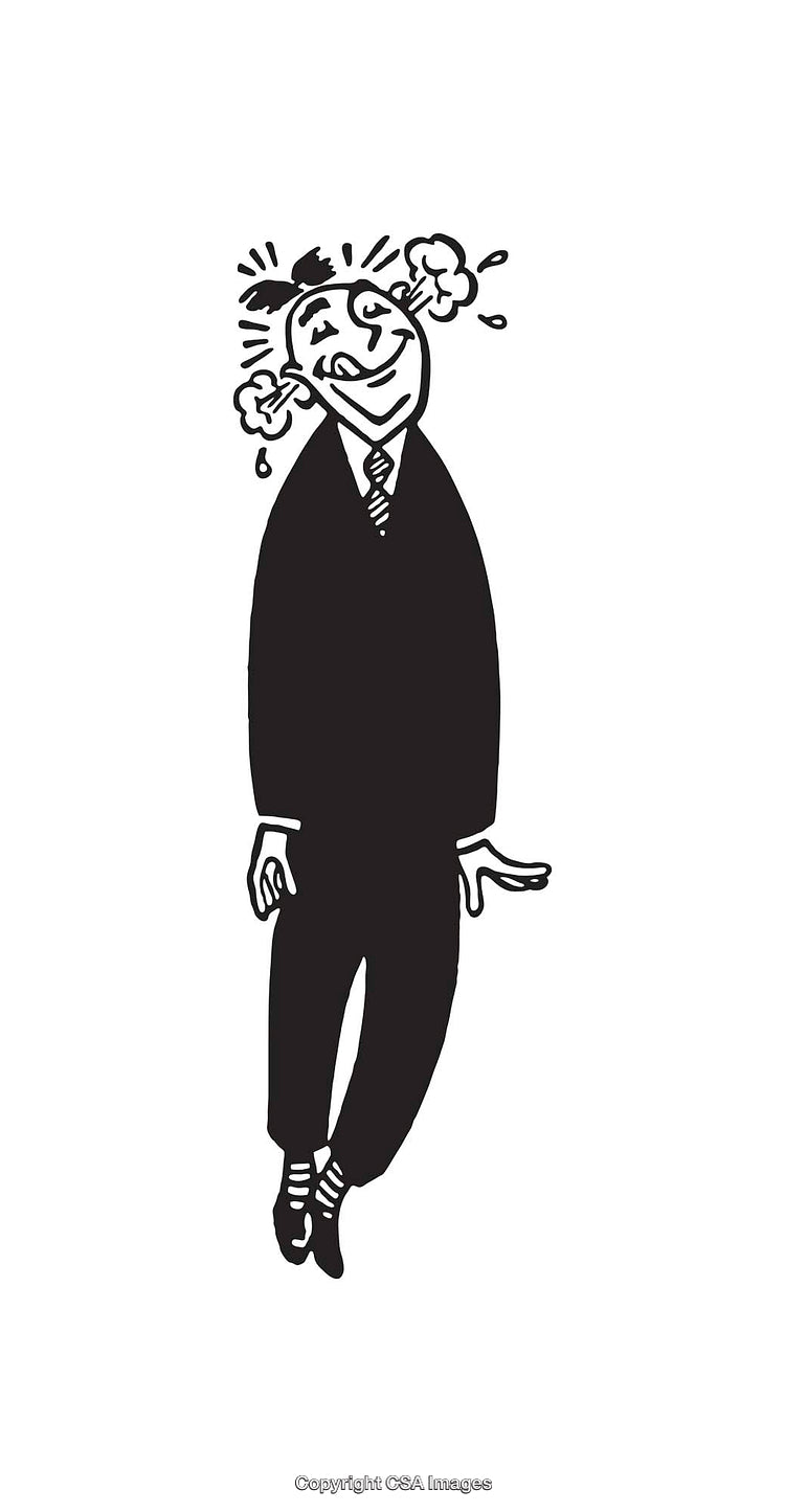 Black and White Cartoon Illustration of a Humorous Stressed Businessman