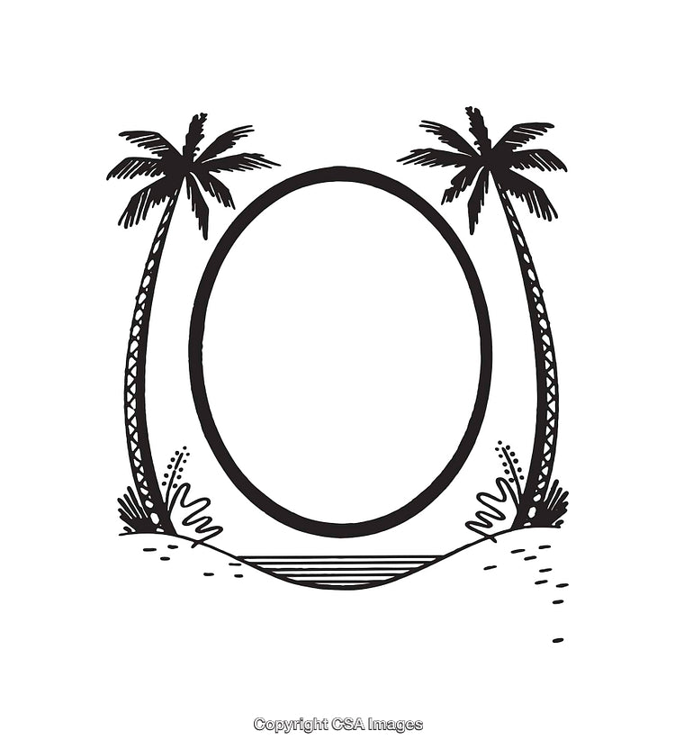 Oval Frame with Tropical Palm Trees Black and White Illustration
