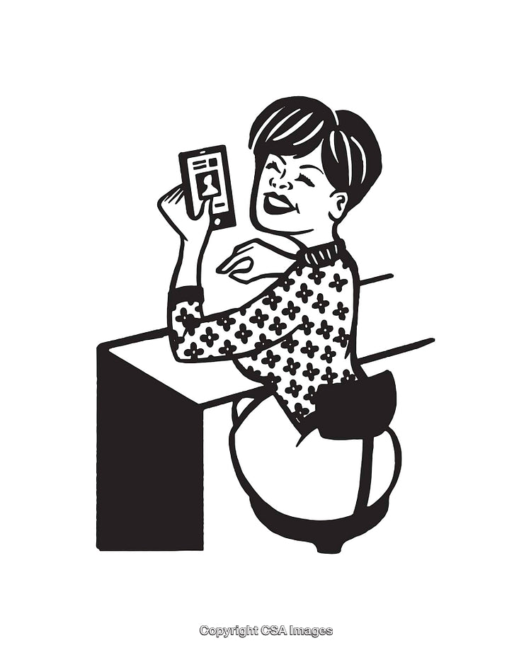 Black and White Illustration of a Sitting Woman Browsing on a Smartphone
