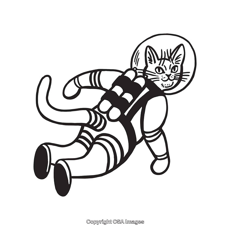 Black and White Line Art of an Astronaut Cat Exploring Space