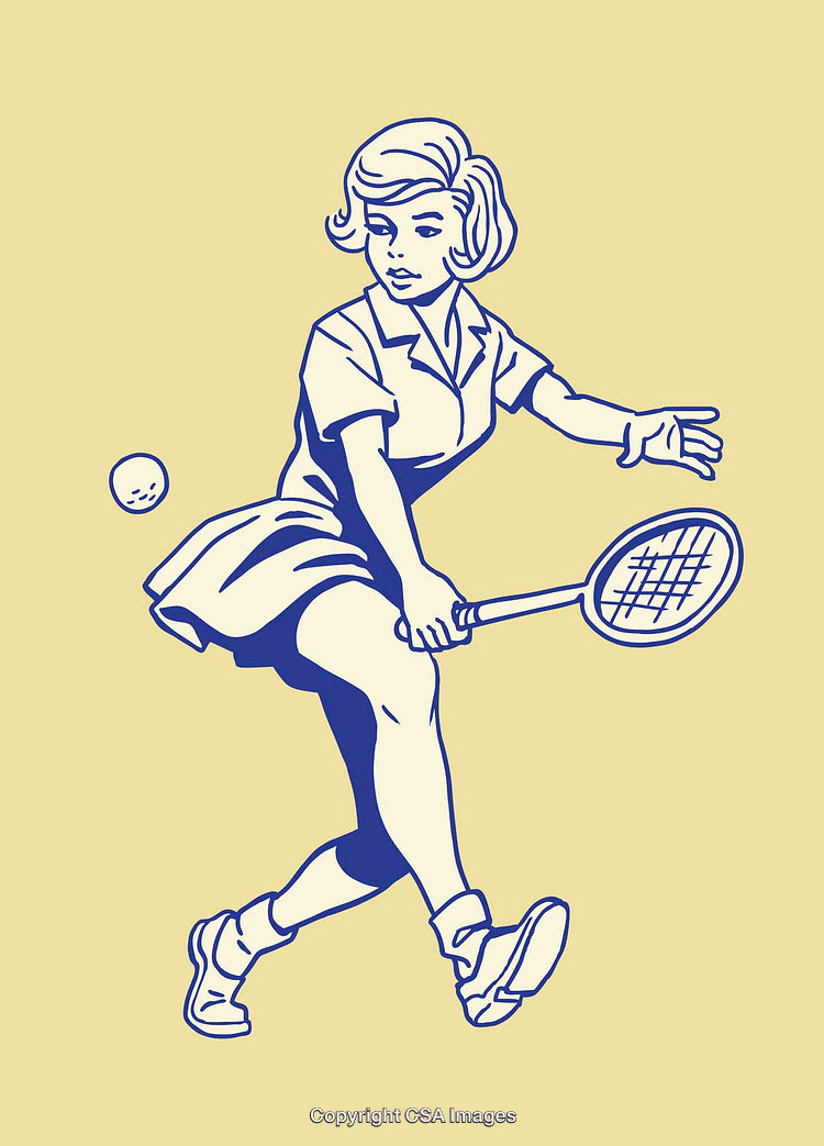 Vintage Line Art Illustration of Woman Playing Tennis in Action Pose