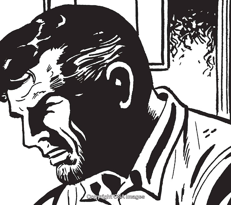 Black and White Illustration of a Pensive Man in Profile View