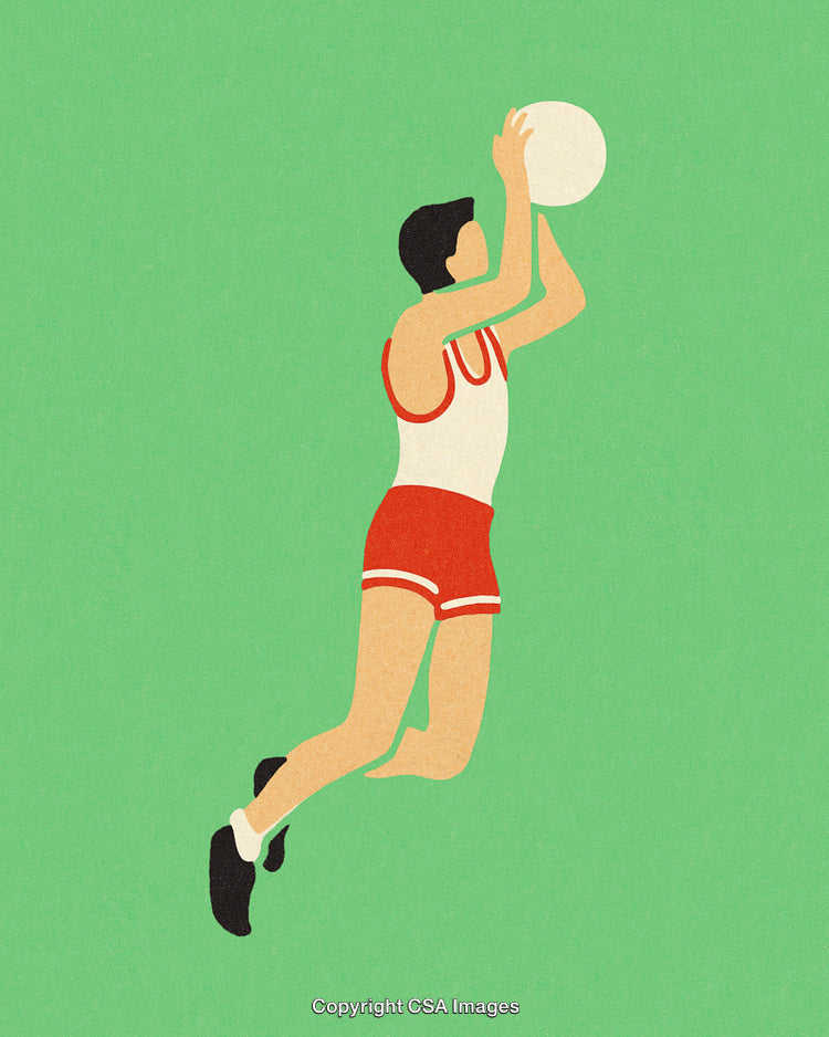 Vintage Style Illustration of Basketball Player Shooting a Ball Mid-Air