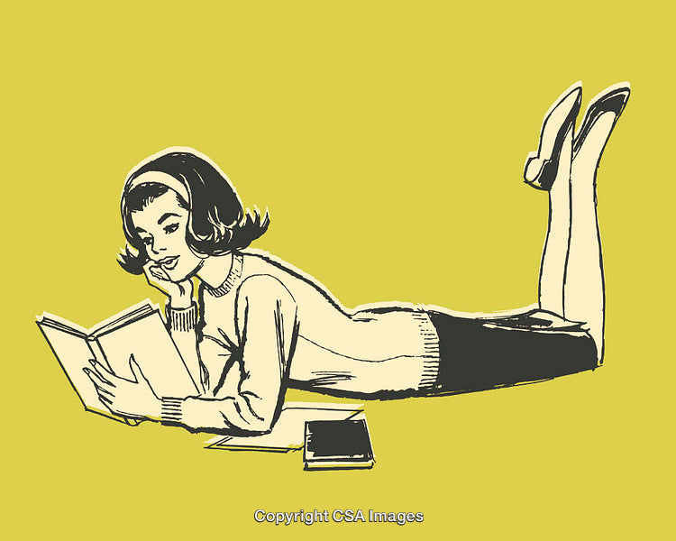 Retro Illustration of a Woman Reading While Relaxing on the Floor