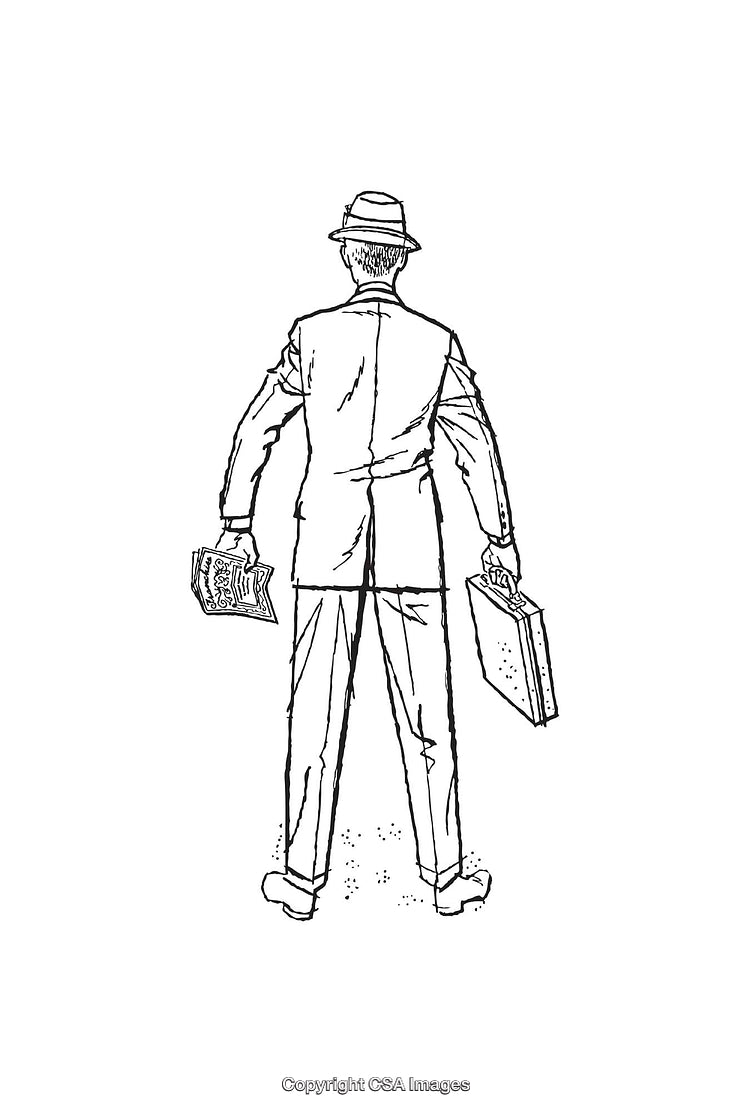 Retro Style Businessman Holding Newspaper and Briefcase in Line Art Drawing