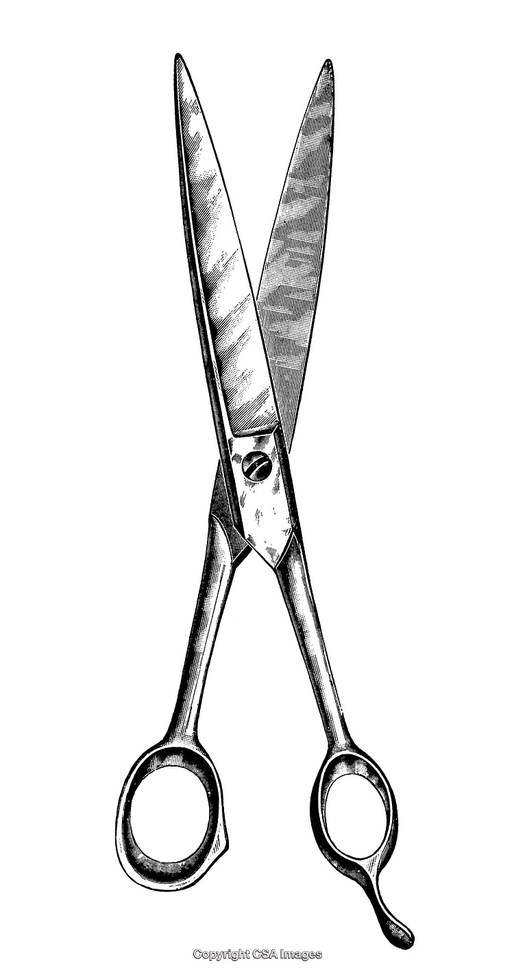 Detailed Black and White Engraving of an Open Pair of Scissors